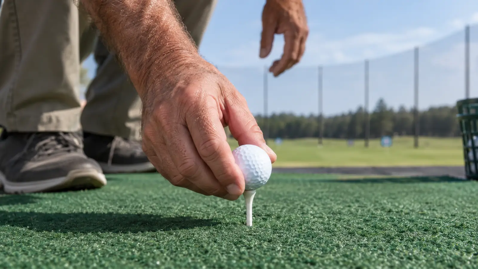 A golfer's hand placing a golf ball on a tee at a driving range, ball in sharp focus
