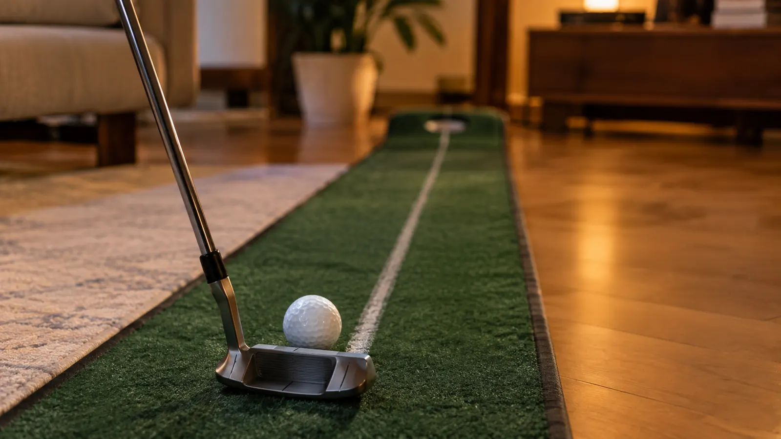 A golf ball resting on a practice putting mat beside a putter, garage putting setup in the background