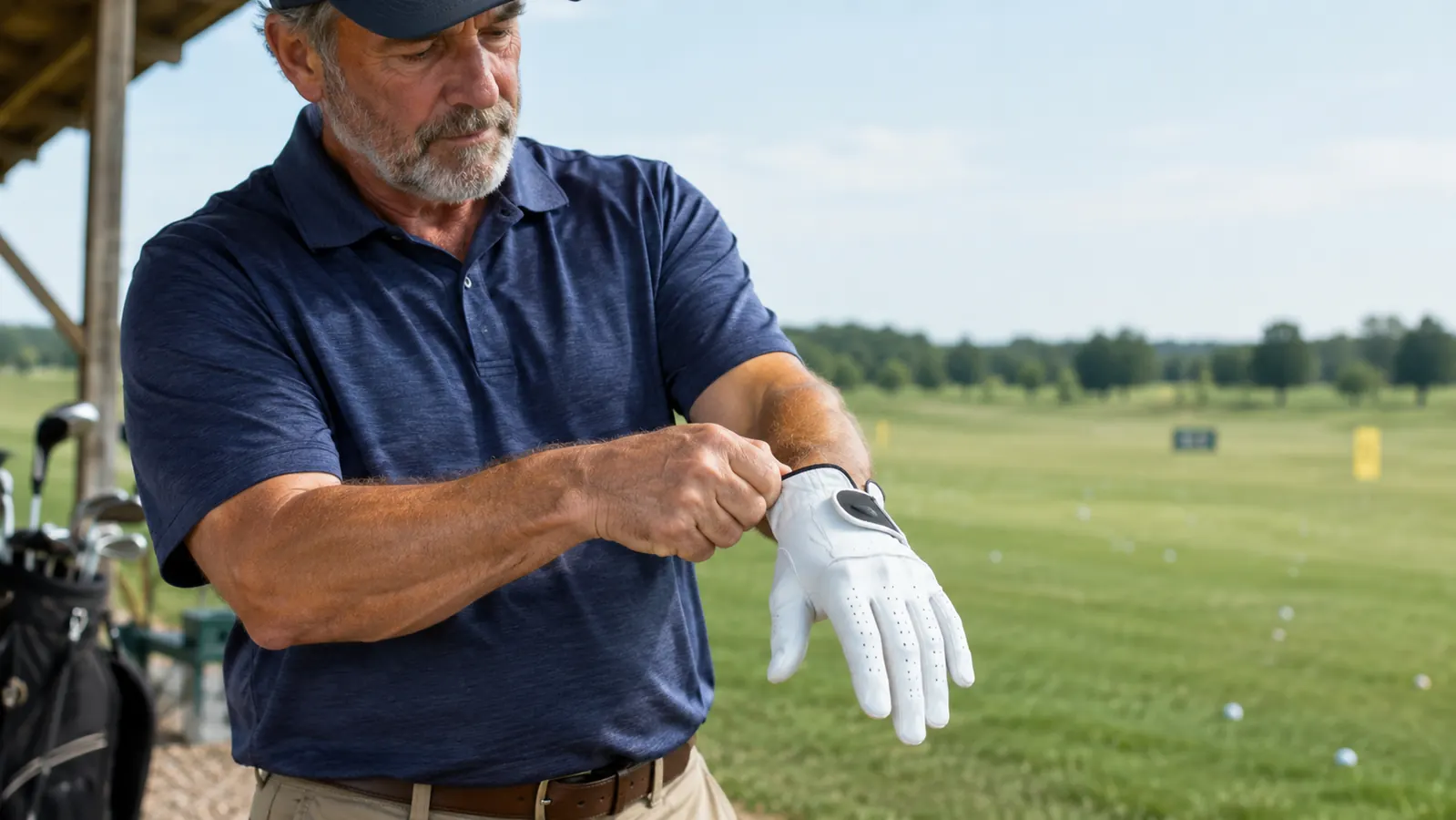 A golfer pulling a golf glove tight over the hand before a swing