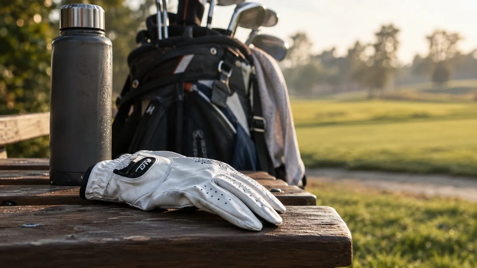 A golf glove lying on a wooden bench next to a golf bag and a water bottle