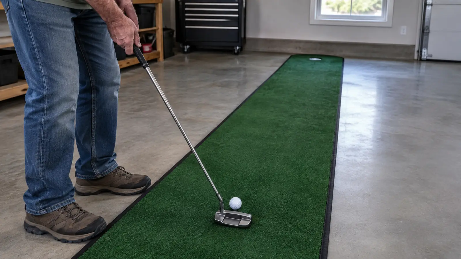 Close view of a putter striking a golf ball on a 3 foot by 9 foot indoor putting green, the cup at the far end