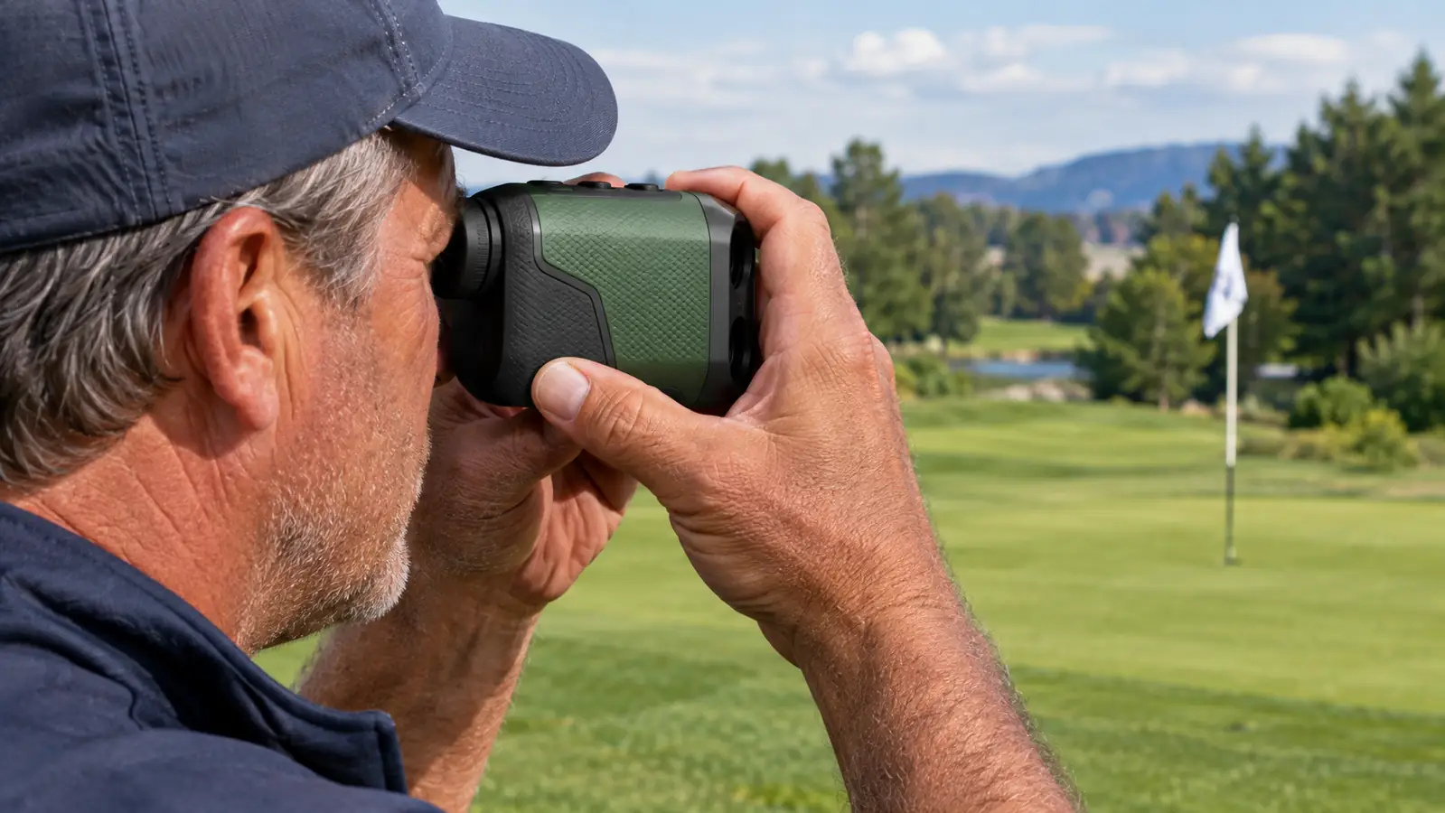 A hand holding a rangefinder while a golf cart and flagstick sit in the background