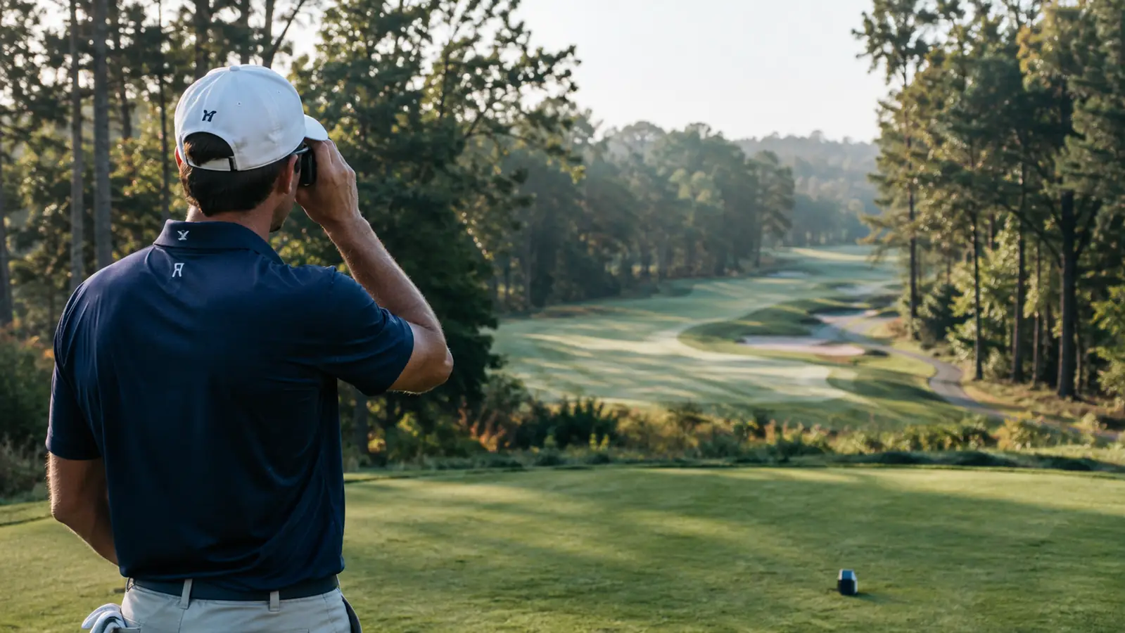 A golfer standing on a tee box checking a rangefinder while a fairway dogleg bends to the left
