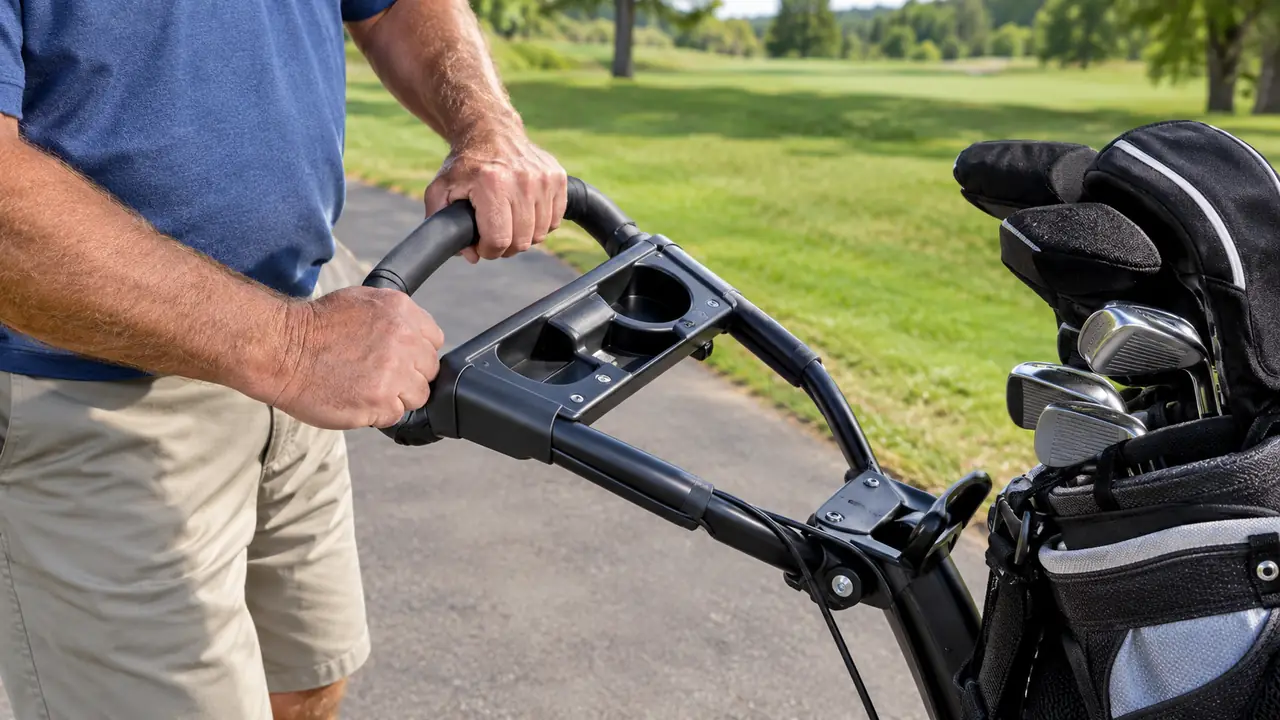 A golfer's hands on the handle of a three-wheel golf push cart beside a golf bag on a path