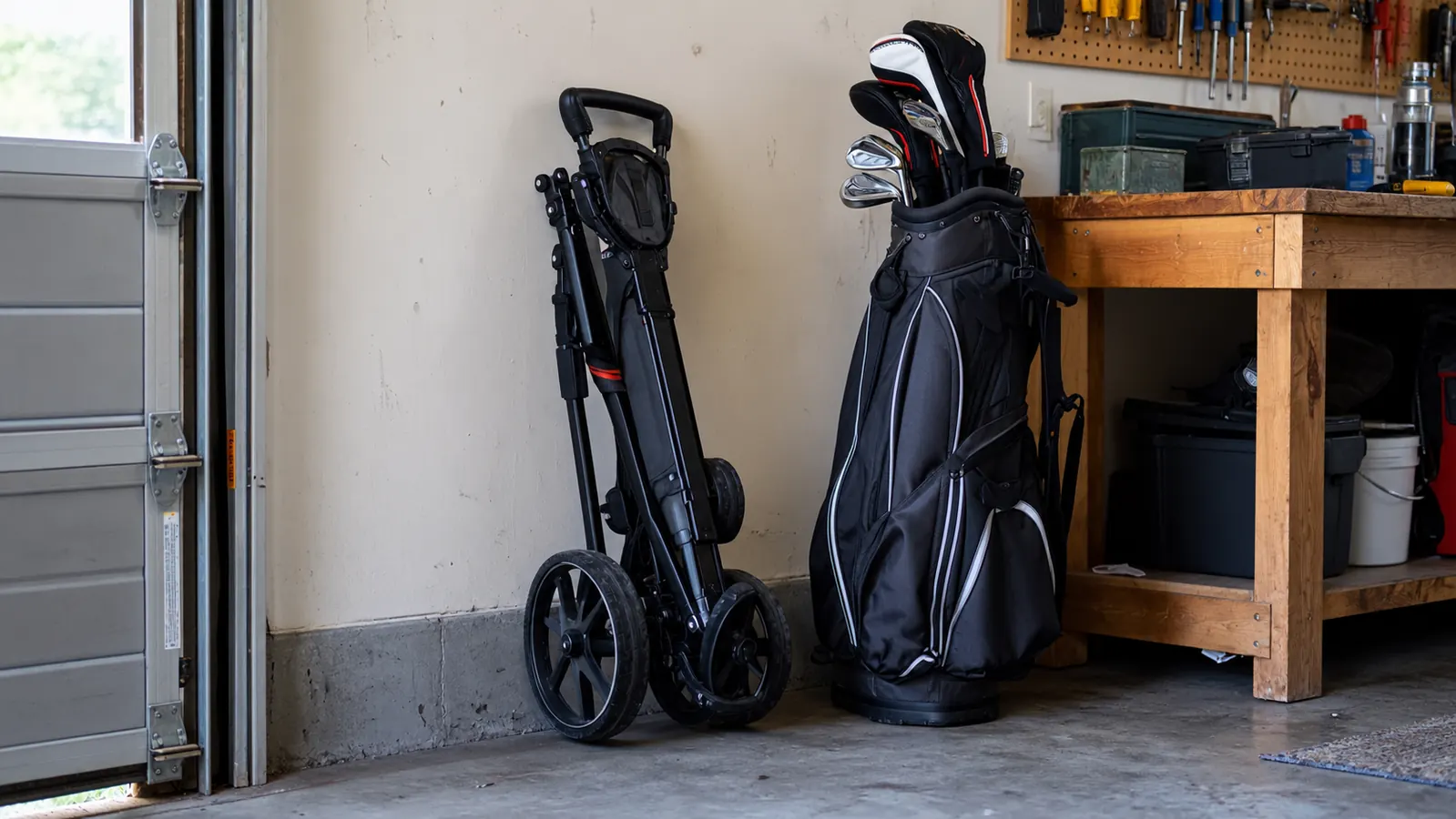 A folded three-wheel golf push cart leaning against a garage wall next to a golf bag