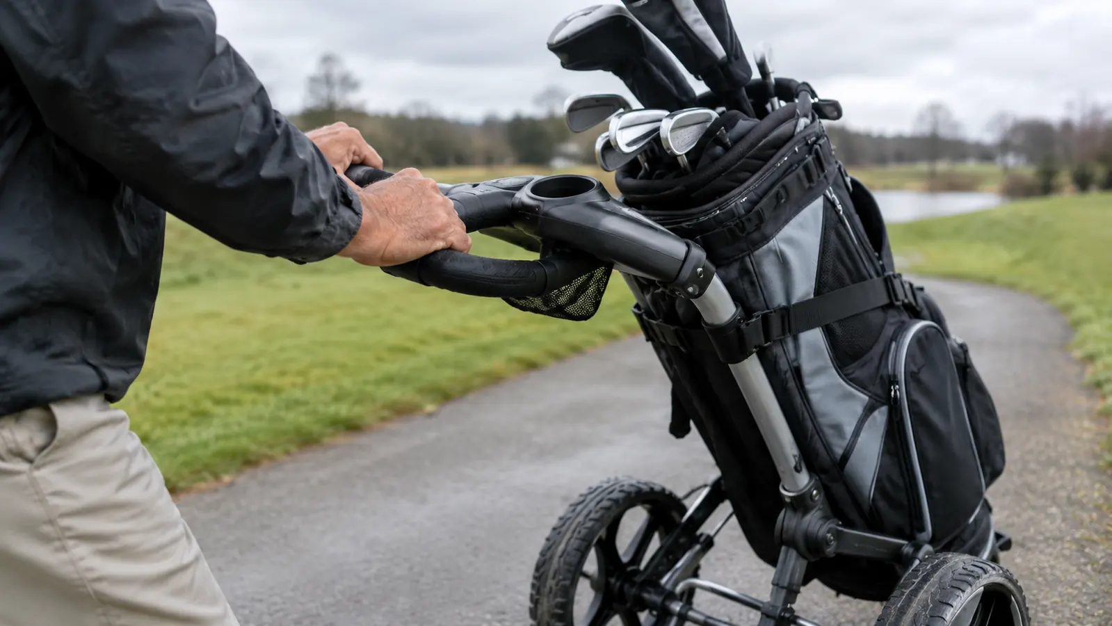 A golfer's hand on the handle of a three-wheel push cart with a golf bag strapped in place