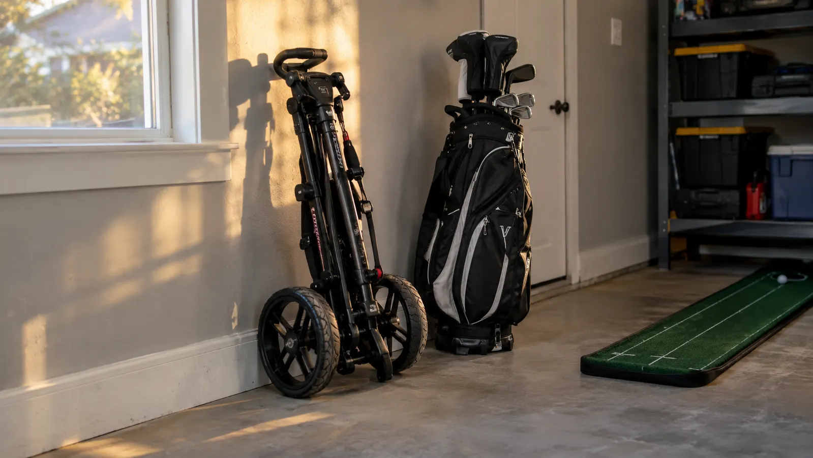 A folded three-wheel push cart leaning against a garage wall next to a golf bag