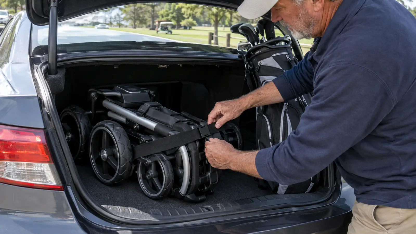 A golfer's hand adjusting the strap on a folded three-wheel push cart in a car trunk