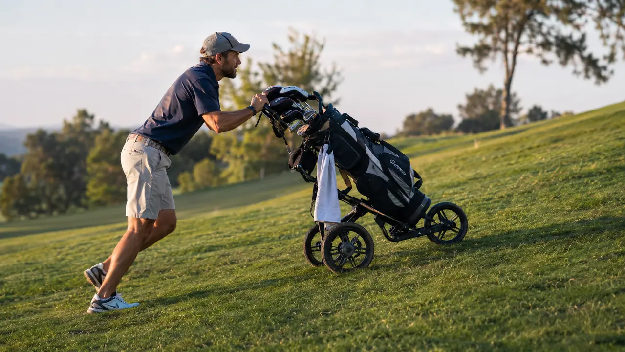 A golfer walking up a hill pushing a three-wheel cart, with the cart tilted back