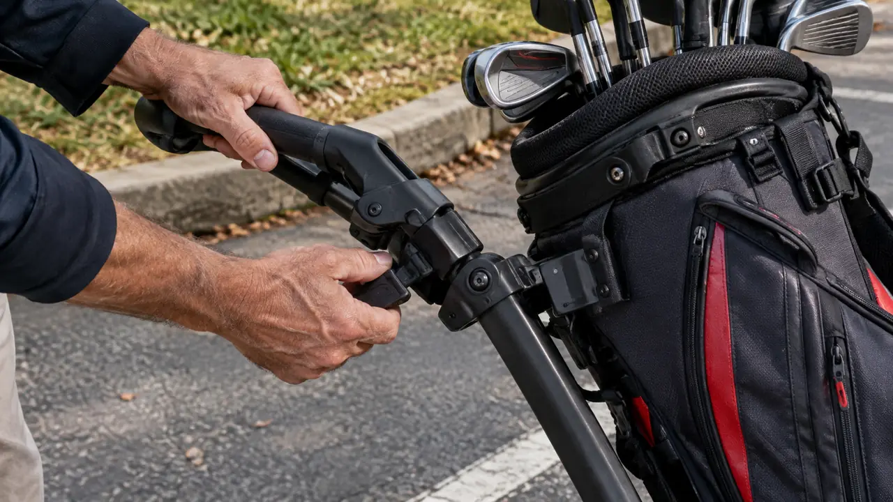 A golfer's hands adjusting the fold latch on a push cart next to a golf bag.