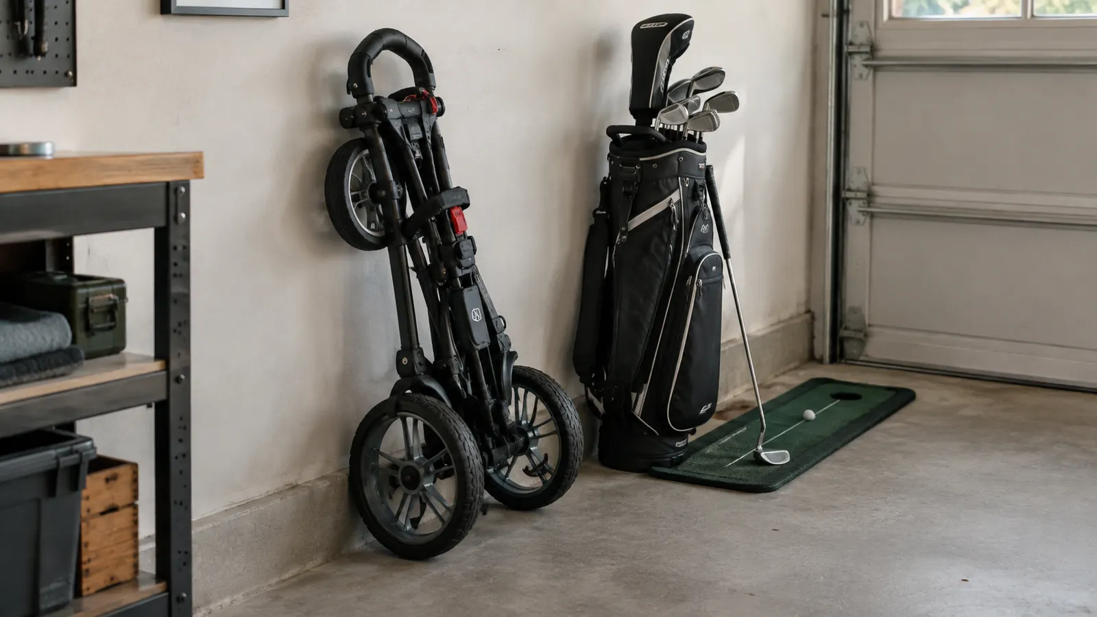 A push cart folded and leaning against a garage wall beside a golf bag.