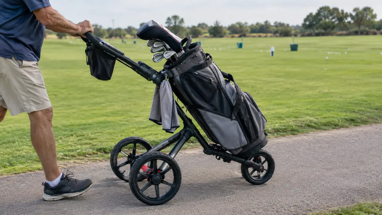 Hands on the handle of a three-wheel golf push cart on a cart path, loaded golf bag on the cart