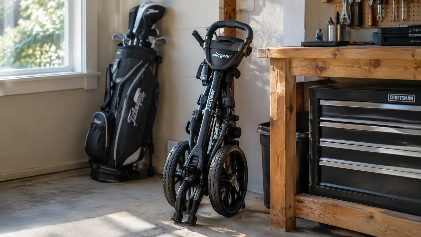 Folded three-wheel golf push cart standing in a garage next to a workbench