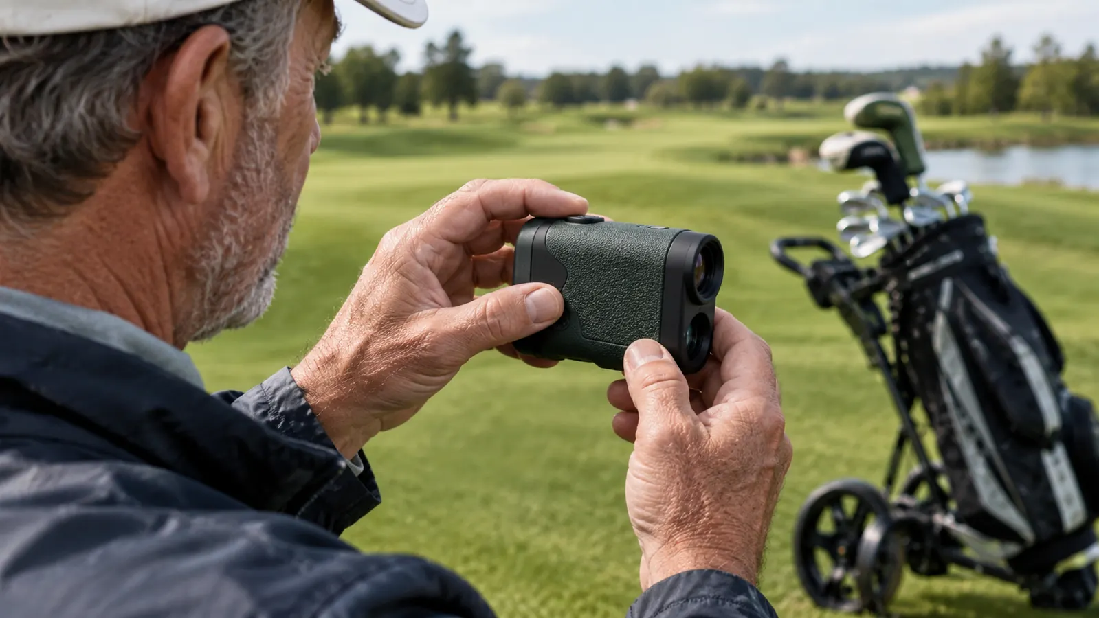 A golfer's hand holding a rangefinder while a golf bag sits on a push cart nearby