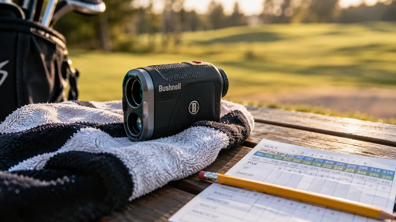A rangefinder resting on a golf towel next to a scorecard and pencil on a bench