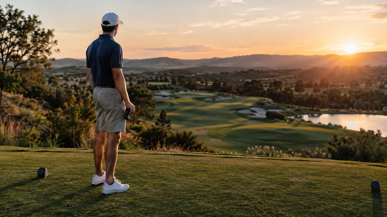 A golfer standing on a tee box looking toward a green, with a rangefinder lowered at his side