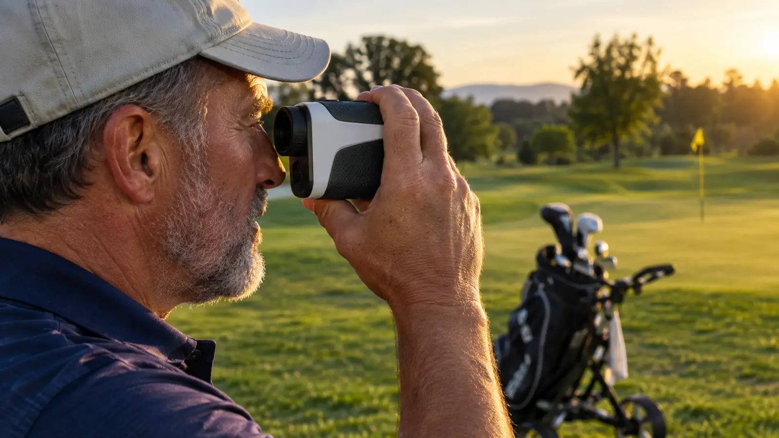 A golfer sighting a flag through a rangefinder on a fairway
