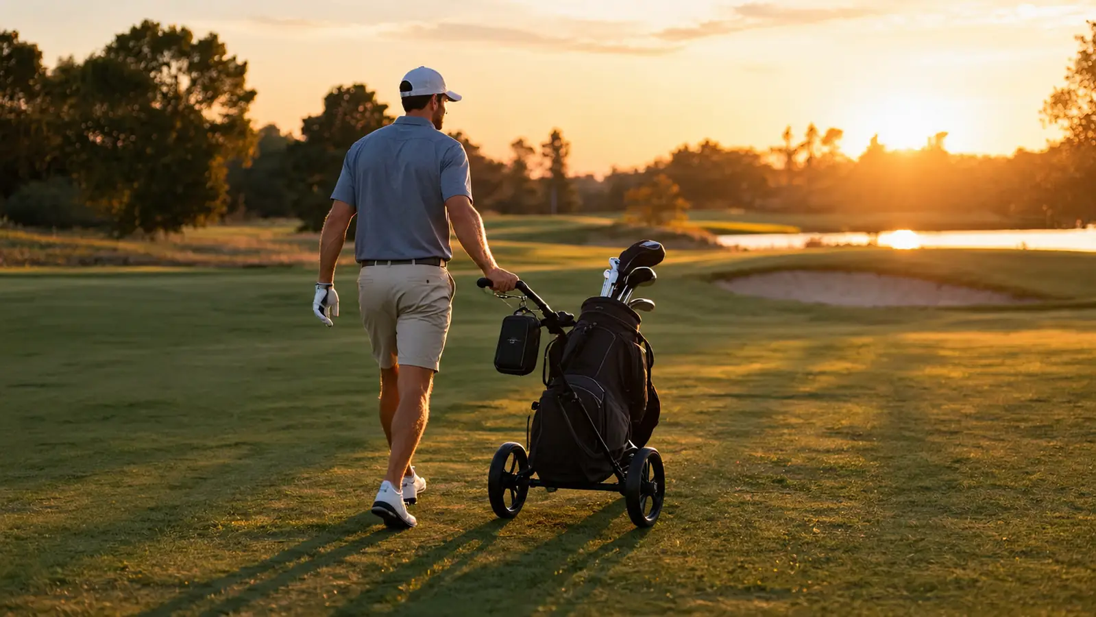 A golfer walking a fairway with a push cart in late afternoon light