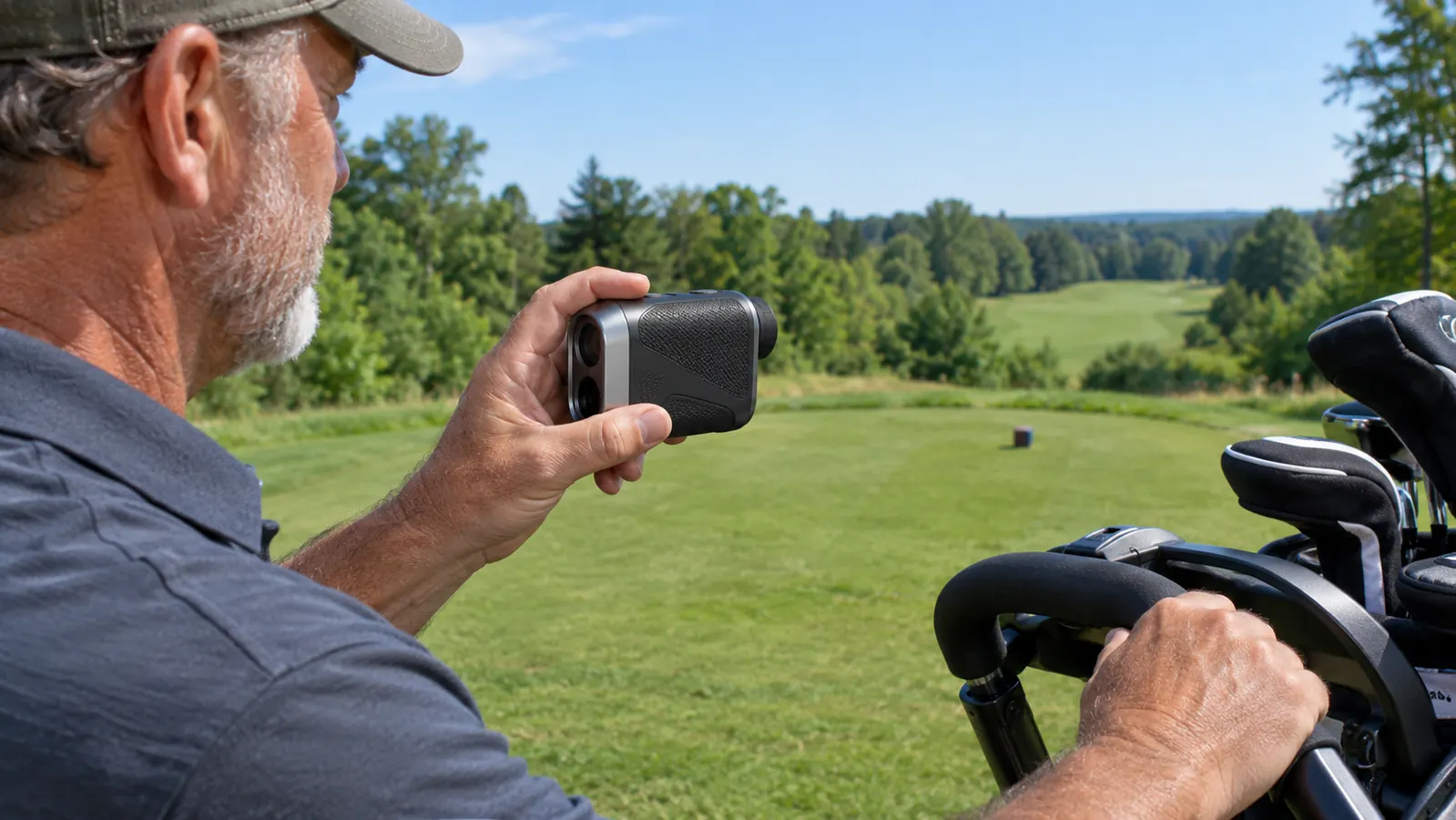 A golfer's hand holding a laser rangefinder beside a push cart on a tee box