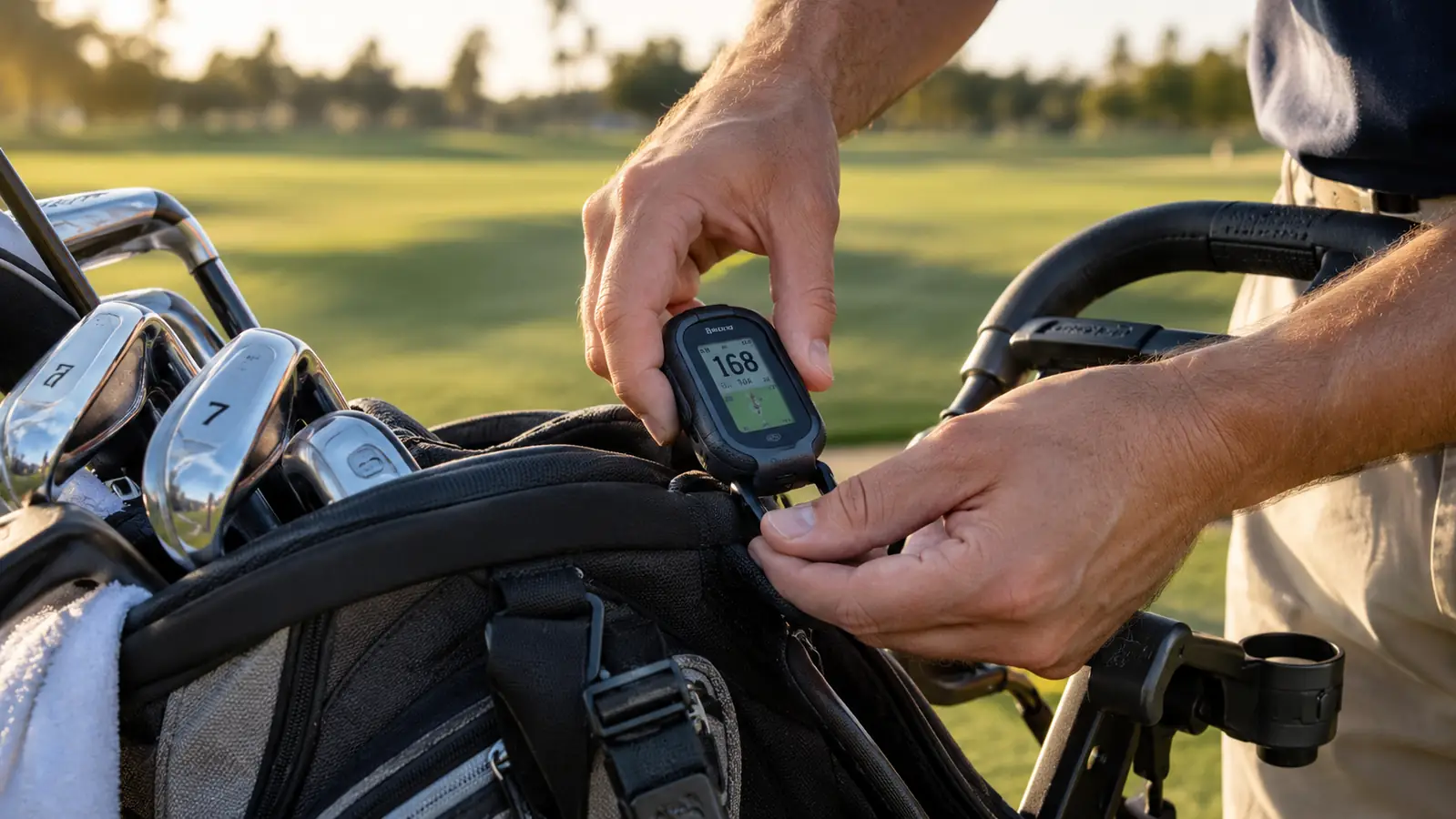 A golfer clipping a small GPS device to a golf bag near the handle