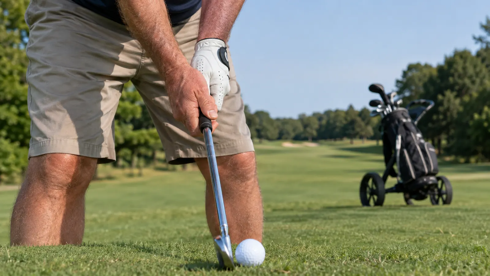 A golfer's gloved hand gripping a golf club at address on the fairway