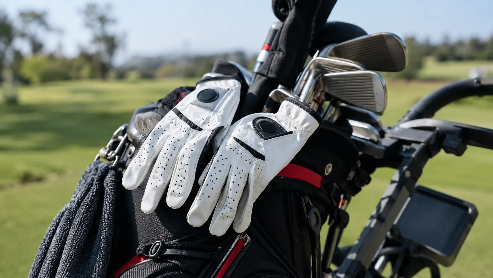 Two golf gloves resting on a golf bag beside a push cart at the turn