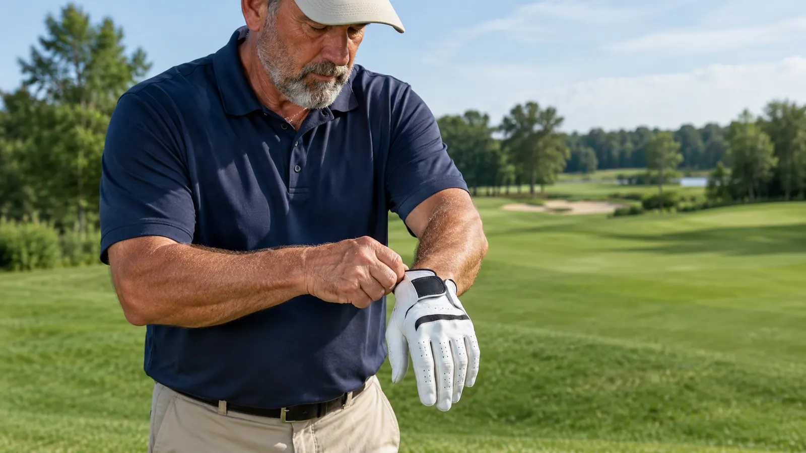 A golfer pulling a golf glove tight over his hand before a shot on a fairway