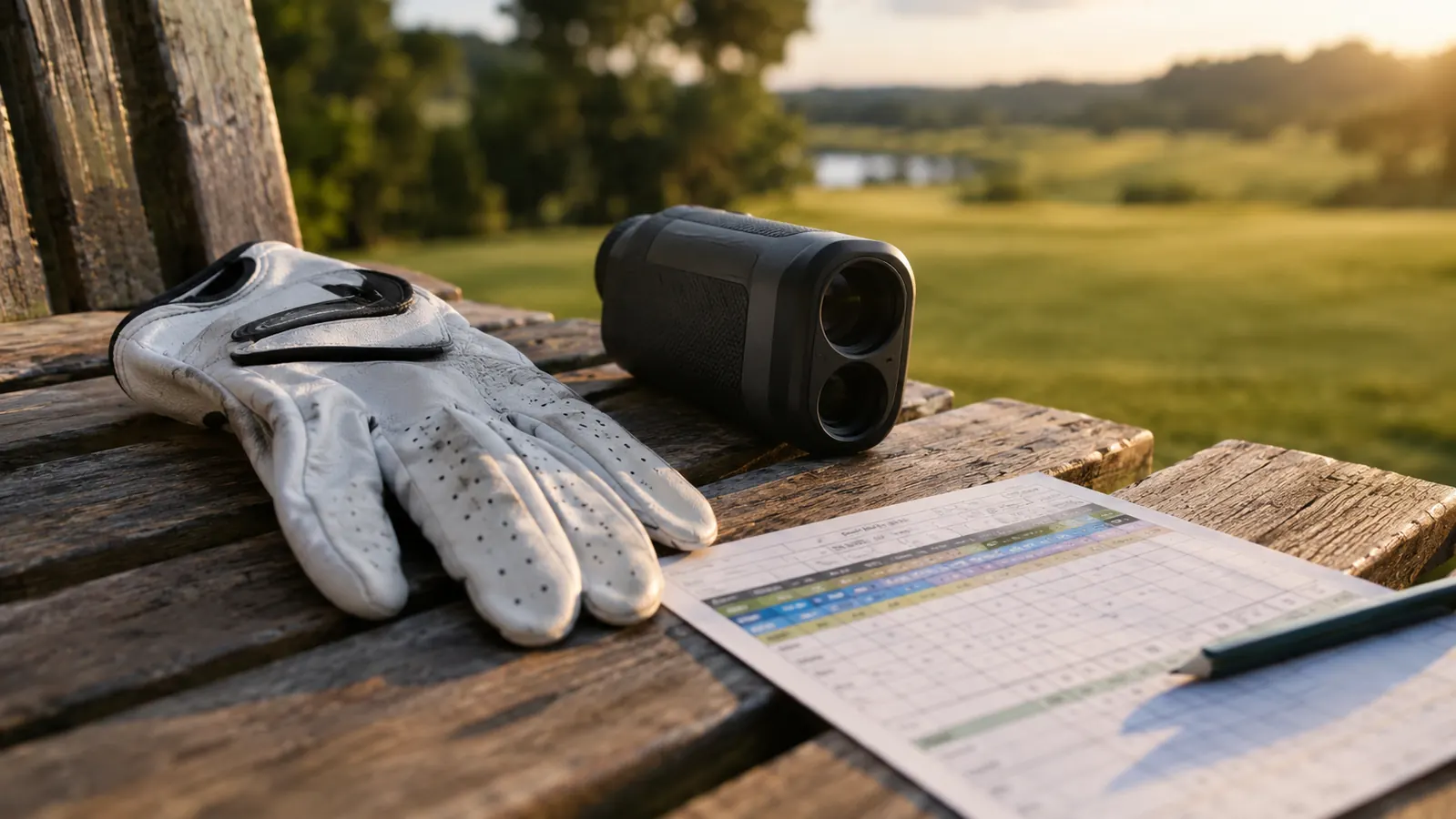 A golf glove lying on a wooden bench beside a scorecard and a rangefinder at a public course in late afternoon light