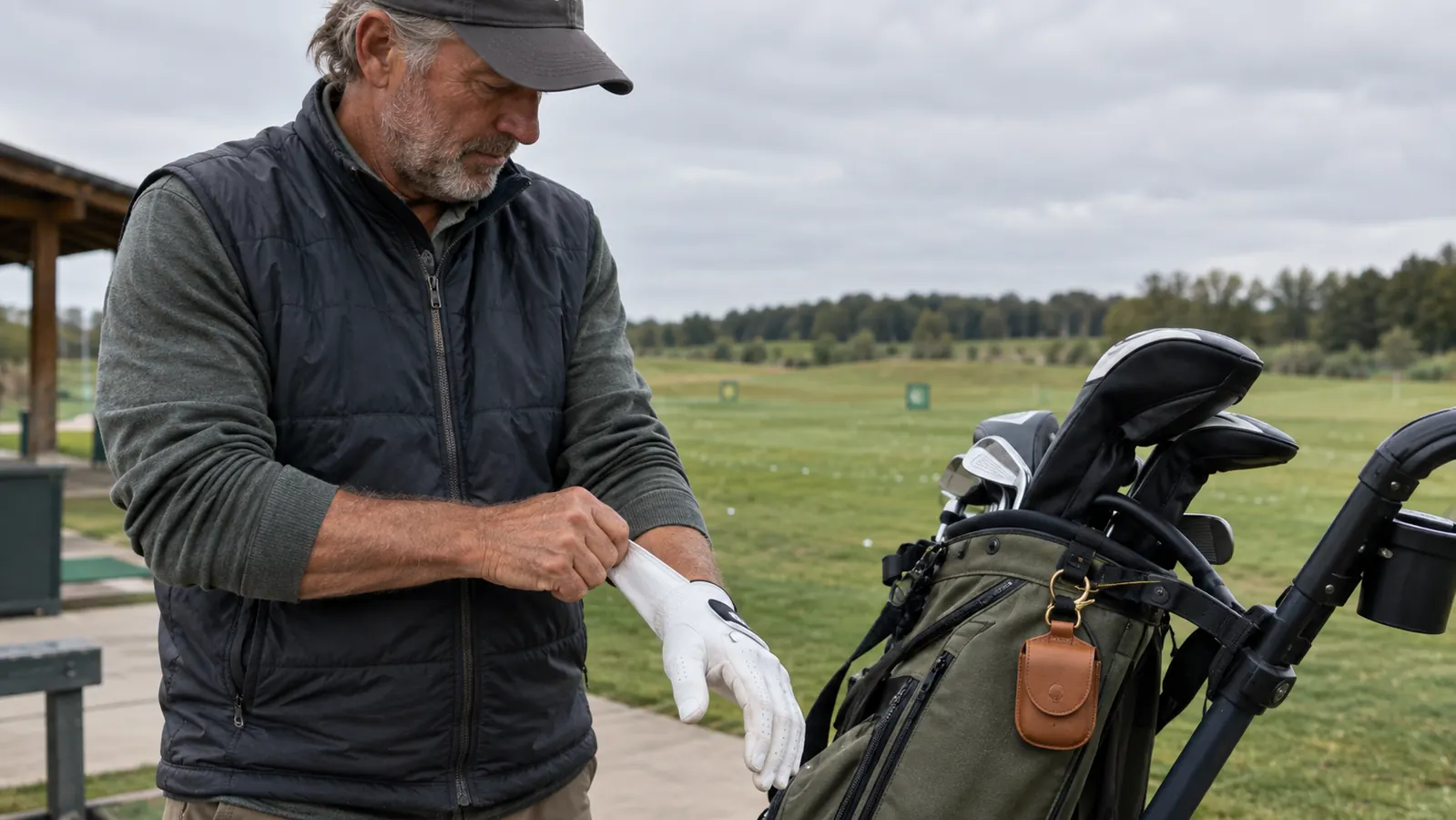 A golfer pulling a golf glove onto his hand beside a golf bag on a push cart at a driving range