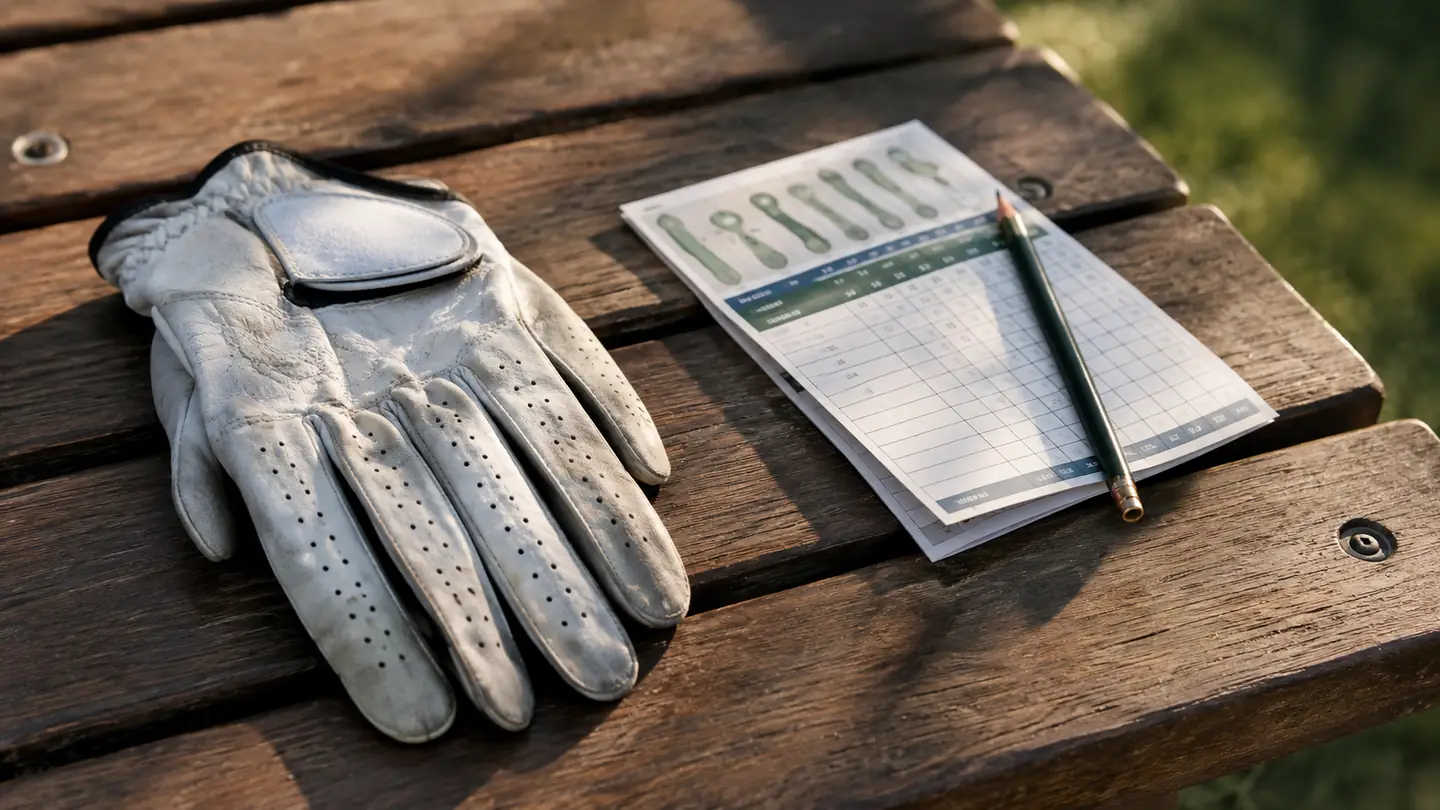 A golf glove lying on a clubhouse bench next to a scorecard and a pencil