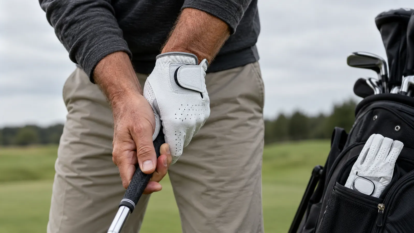 A golfer's hand wearing a golf glove gripping a club at address, with a second glove tucked into a bag pocket