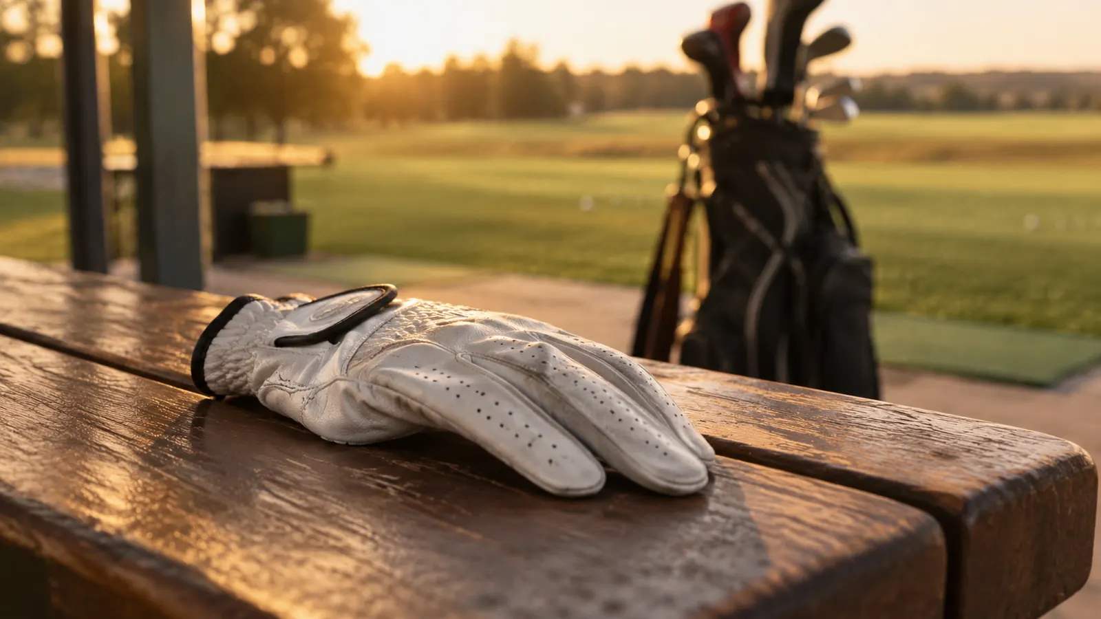A golf glove resting on a wooden bench at a driving range in late afternoon light, with a golf bag softly blurred behind it