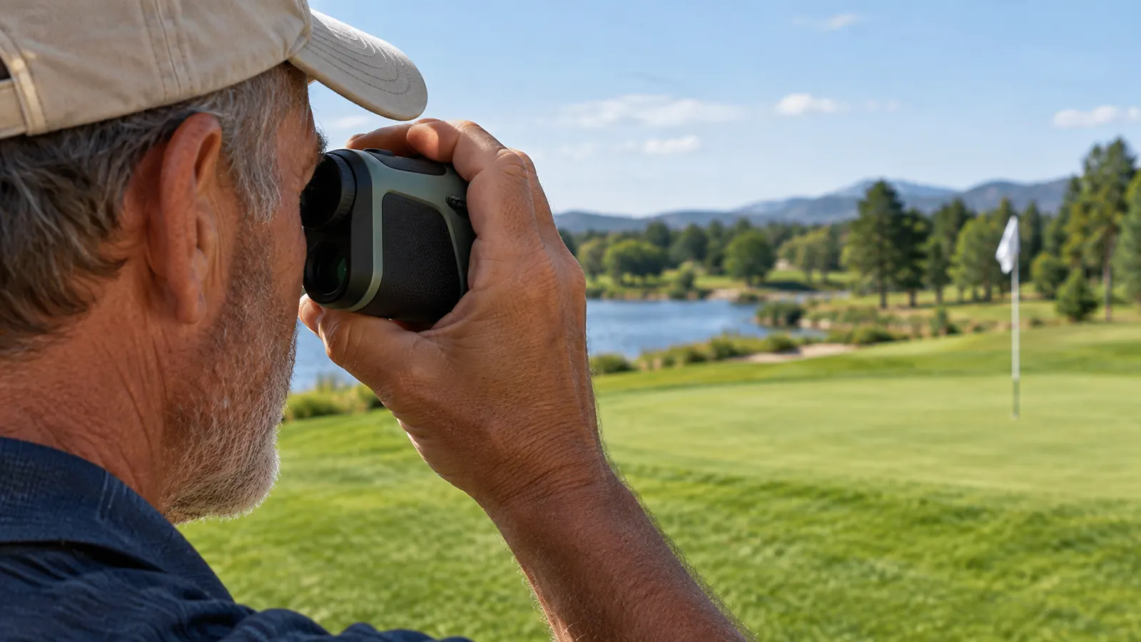 A hand holding a rangefinder near the flagstick on a green