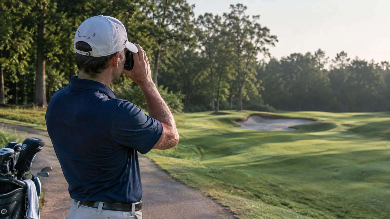 A golfer on a cart path aiming a rangefinder at a fairway bunker