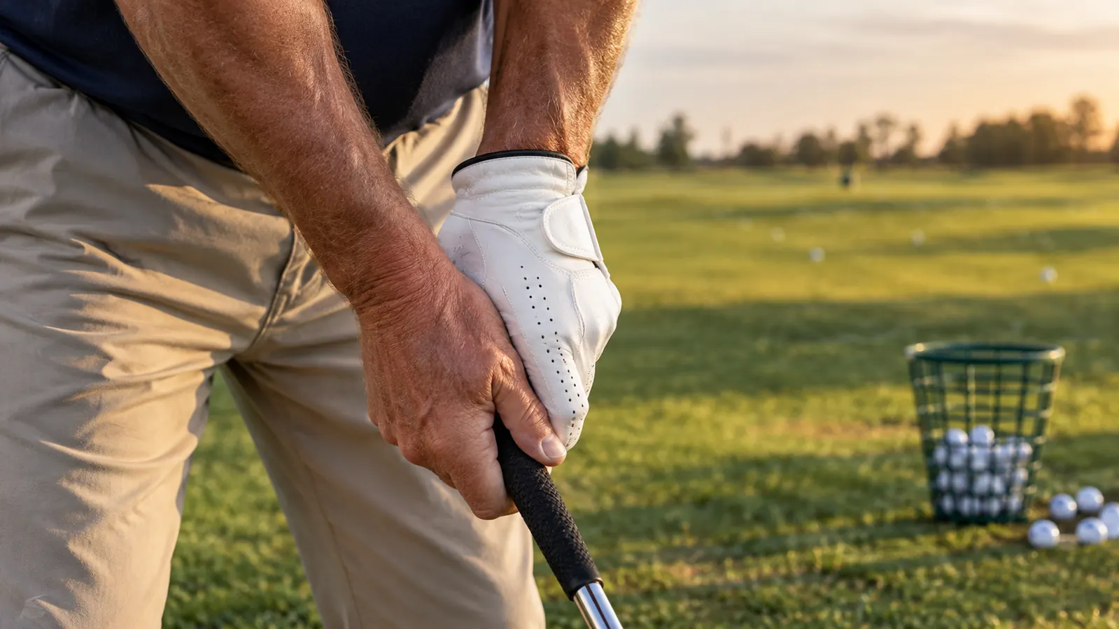 Gloved hand gripping a golf club at address on the practice range