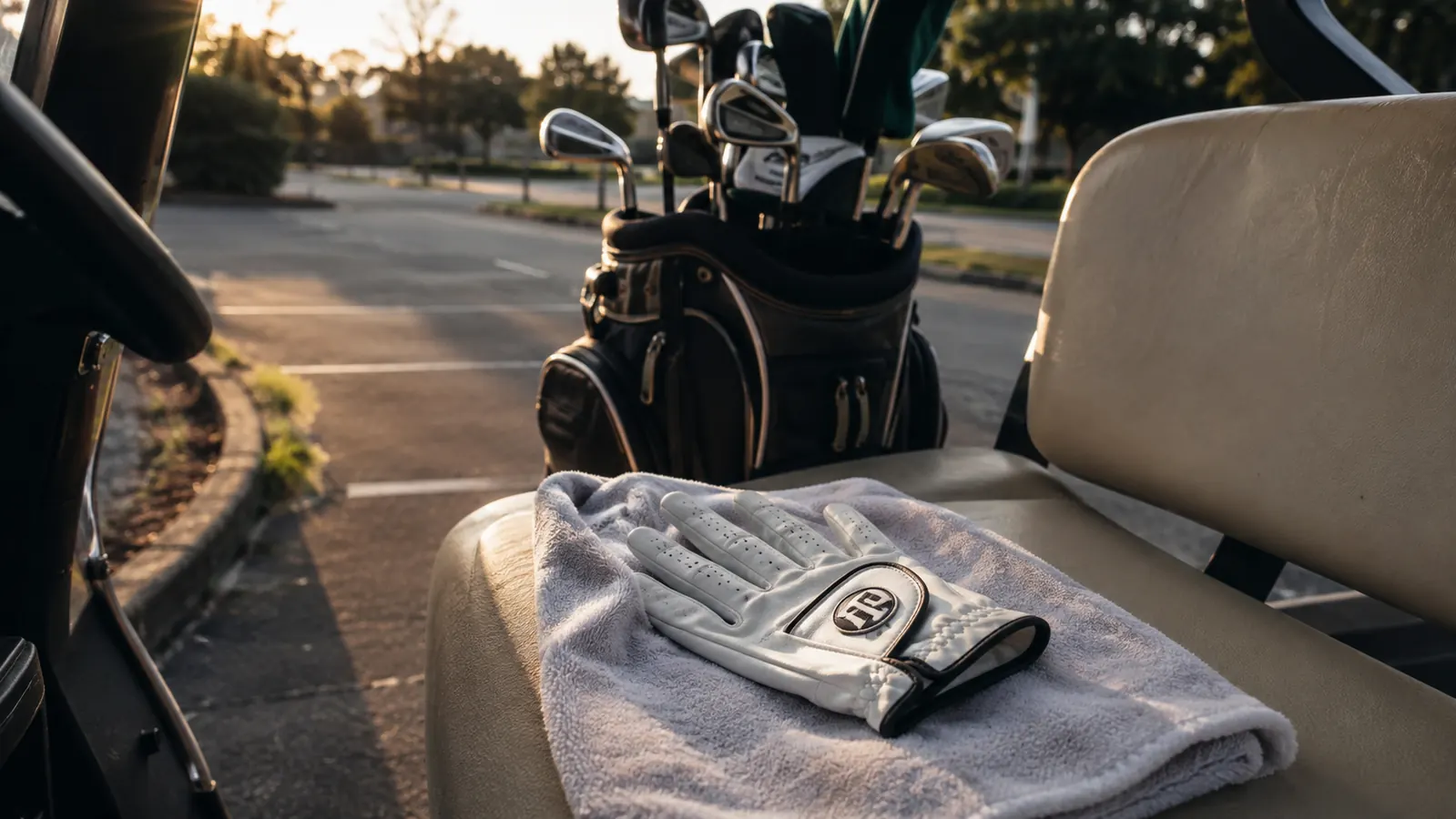 Golf glove resting on a folded towel on a golf cart next to a golf bag