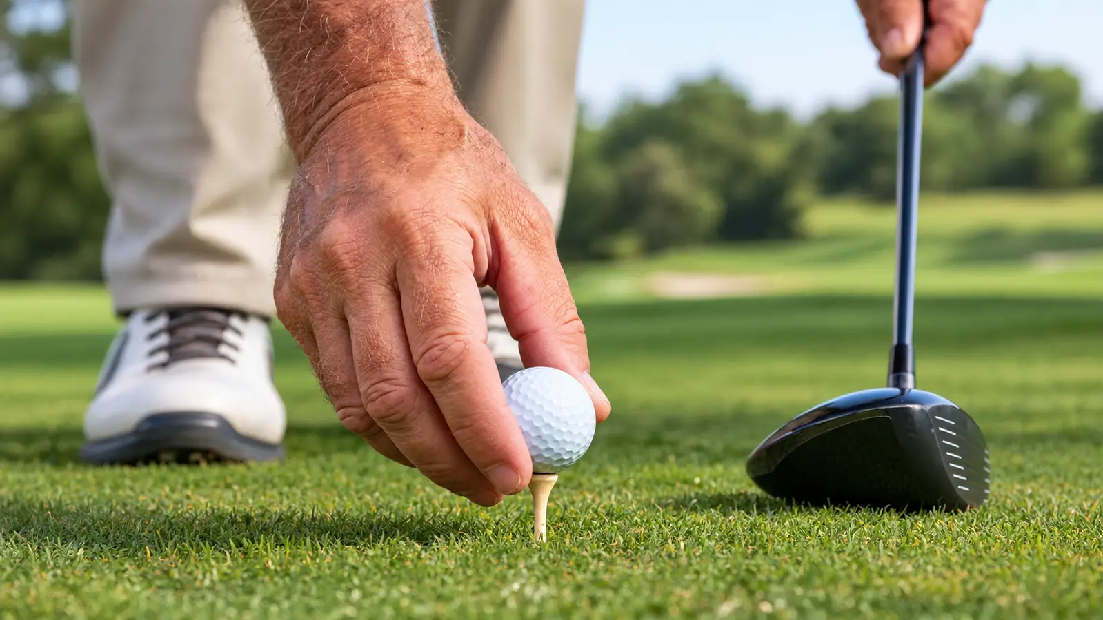 A hand placing a golf ball on a tee on a tee box, a driver resting on the ground nearby