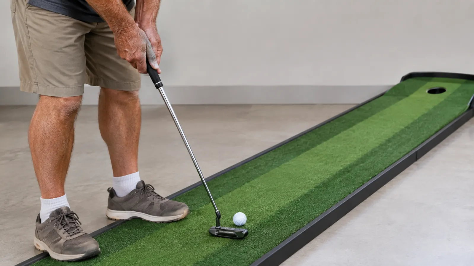 A golfer's hands holding a putter while a golf ball rests on a putting surface with a cup visible at the far end