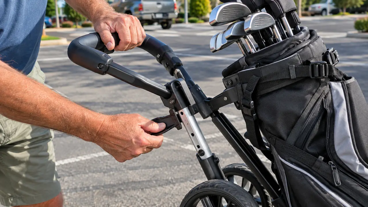 A golfer adjusting the handle height of a three-wheel push cart in a parking lot