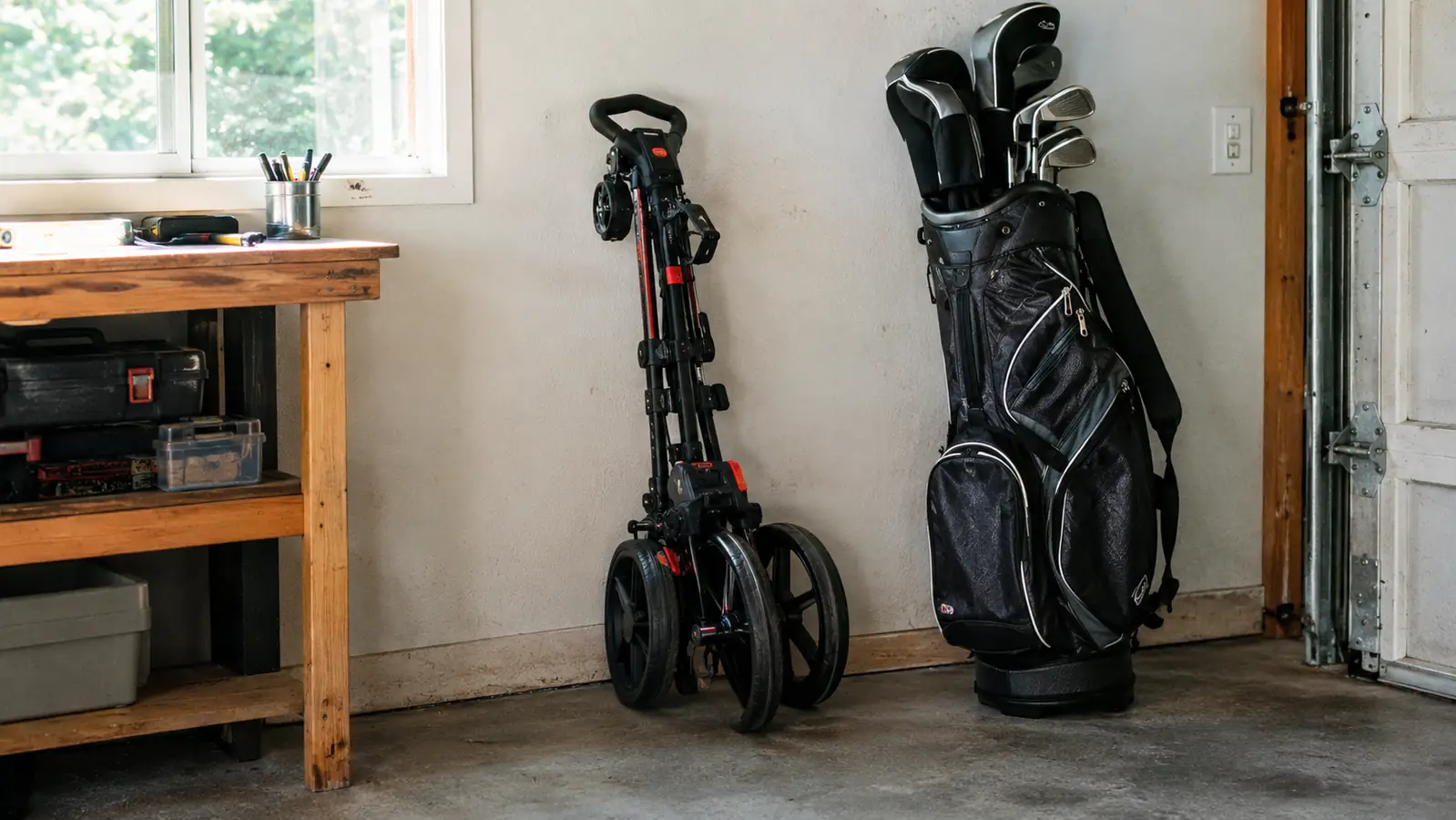 A folded three-wheel push cart leaning against a garage wall next to a golf bag