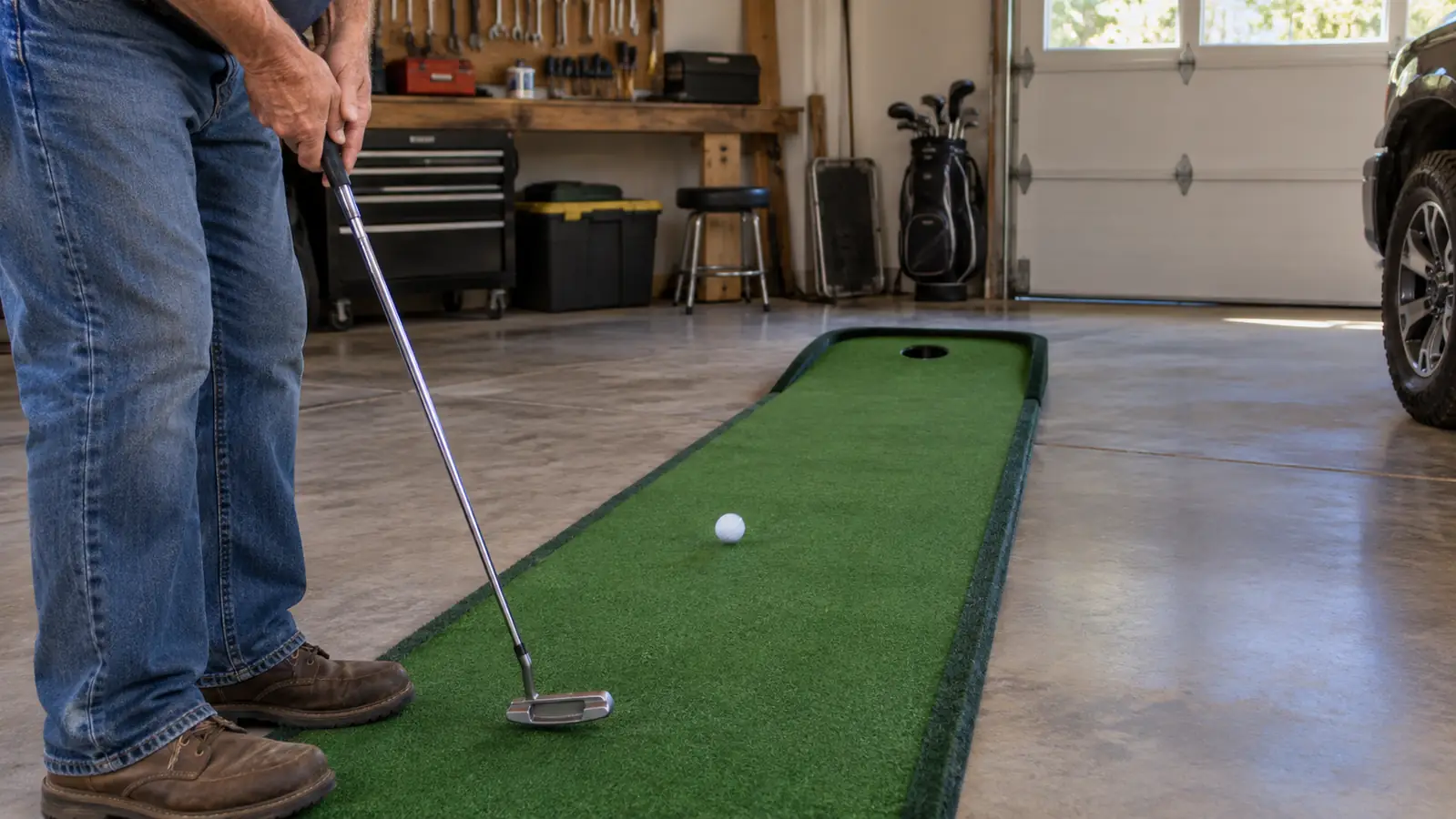 A golfer's hand holding a putter while a golf ball rolls across a compact indoor putting green toward a hole