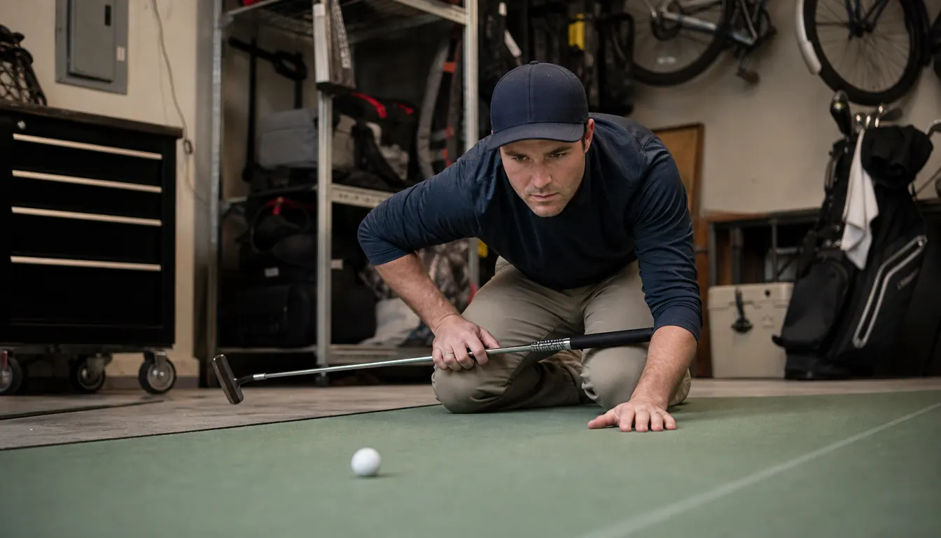 A golfer kneeling on a garage floor reading a putt on a small indoor putting surface, a putter resting across the knees