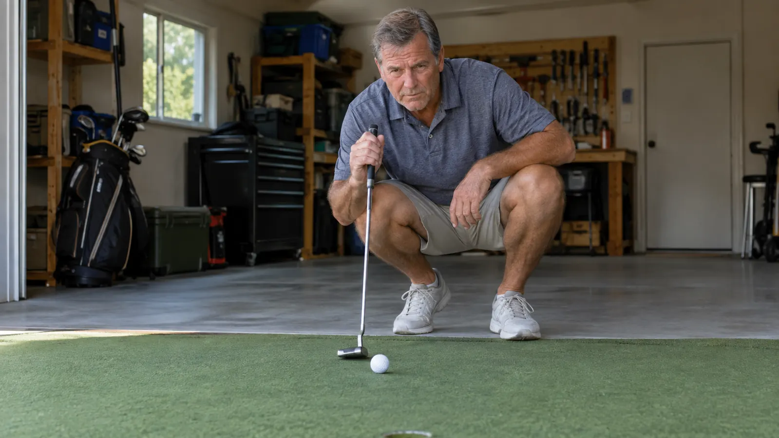 A golfer crouching to line up a putt on an indoor putting green