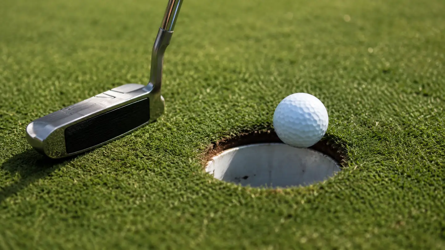 A putter resting on an indoor putting green next to the hole
