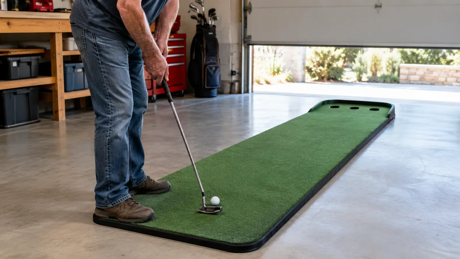 A golfer standing over a putt on an indoor putting green with the putter grounded behind the ball