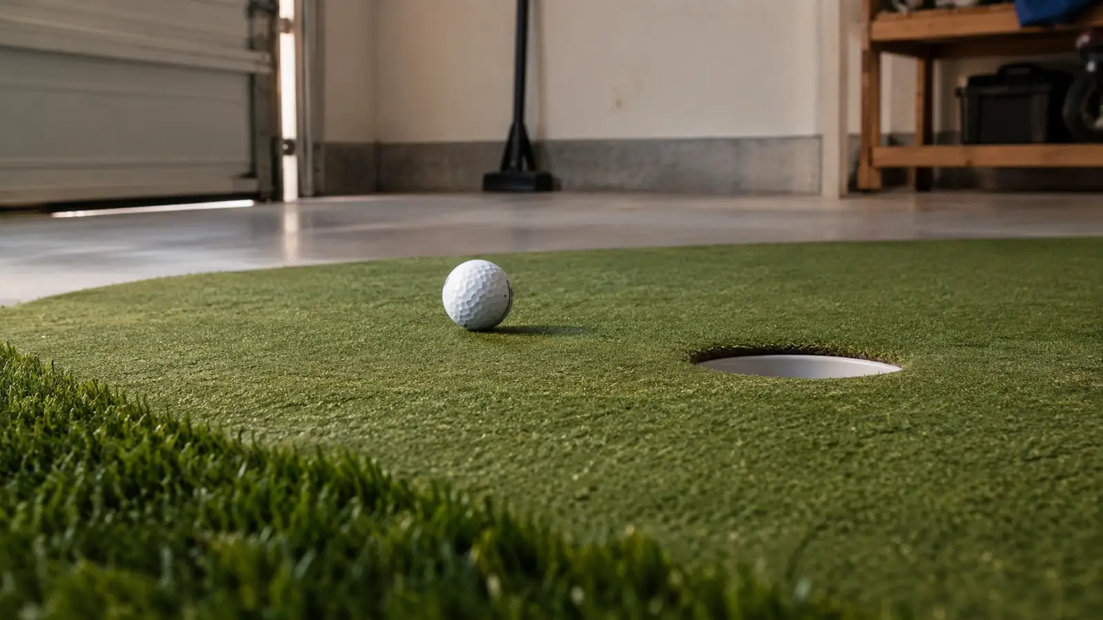 A golf ball rolling across an indoor putting green toward a hole, seen from a low angle