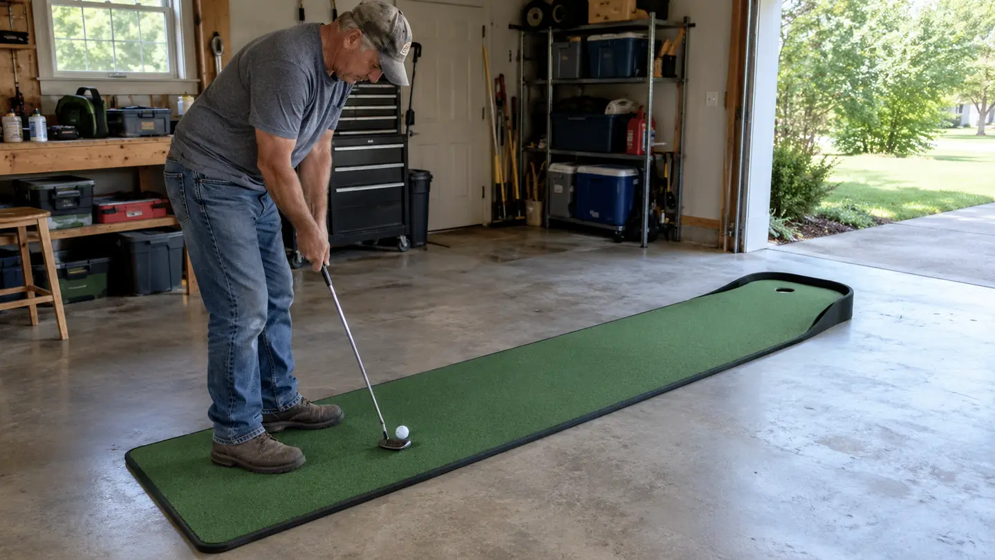 A golfer standing on a putting mat in a garage, addressing a putt with a putter in hand