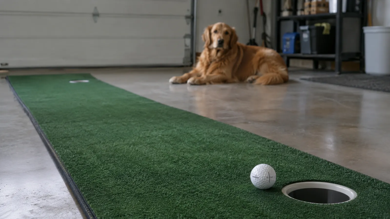 A putting mat on a garage floor with a golf ball beside one of the cups and a dog resting nearby