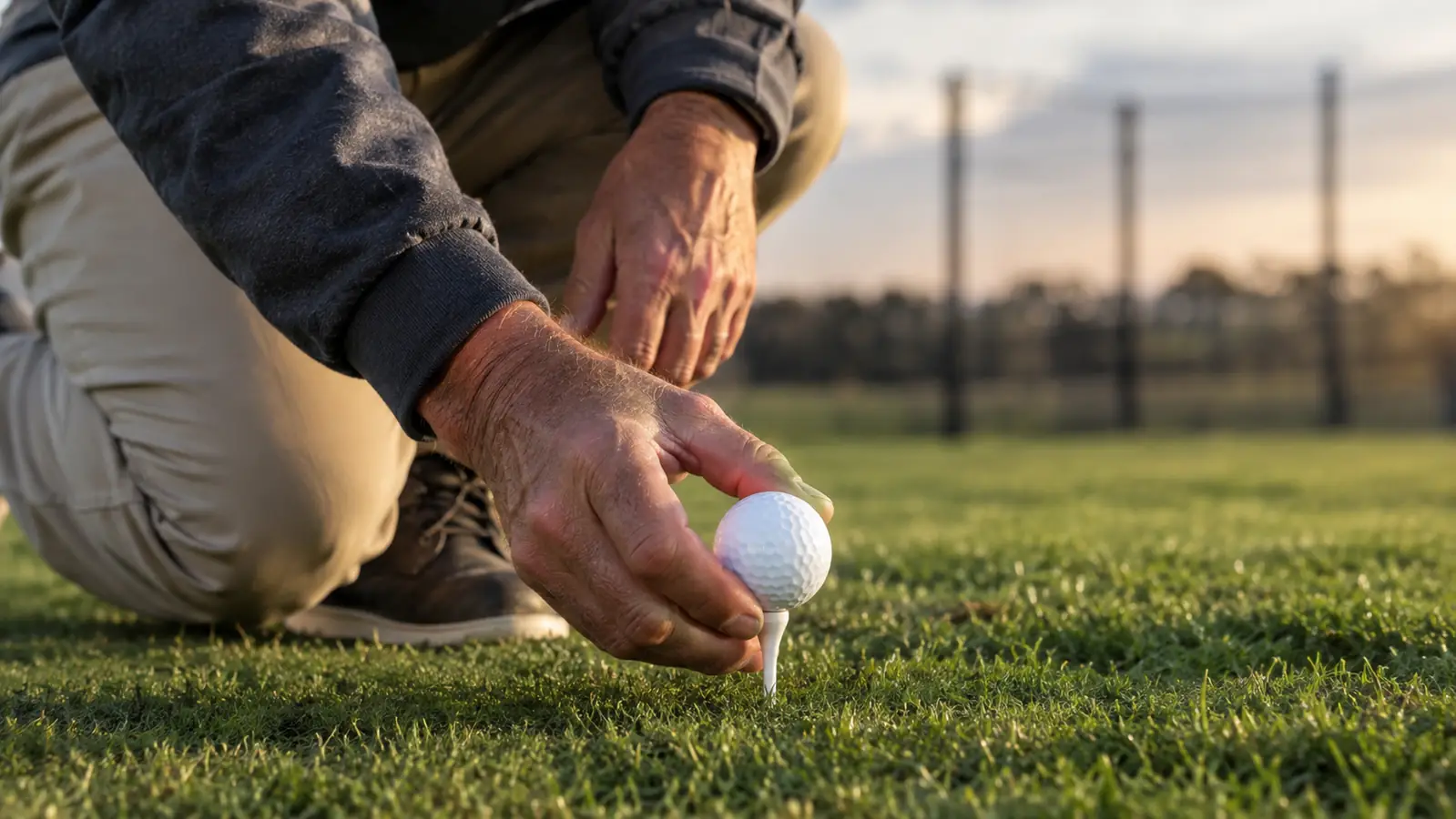 A golfer's hand placing a golf ball on a tee at the driving range