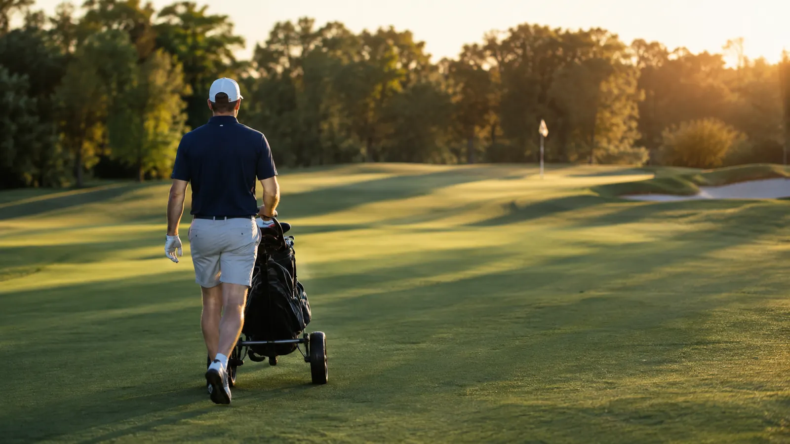 A golfer pulling a push cart across a fairway toward a green